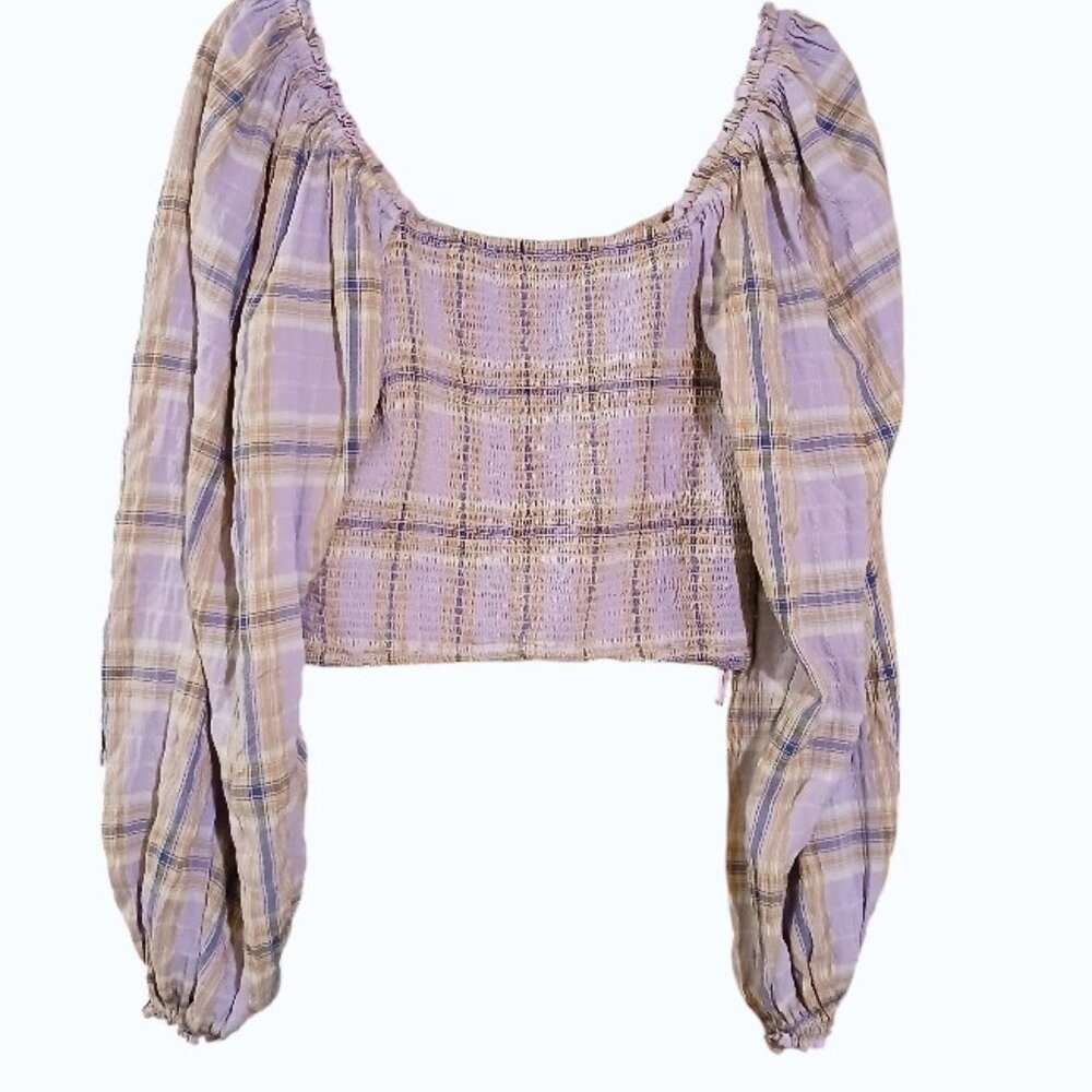 FREE PEOPLE Lavender Plaid Puff Sleeve Crop Midriff Blouse - Picture 5 of 12